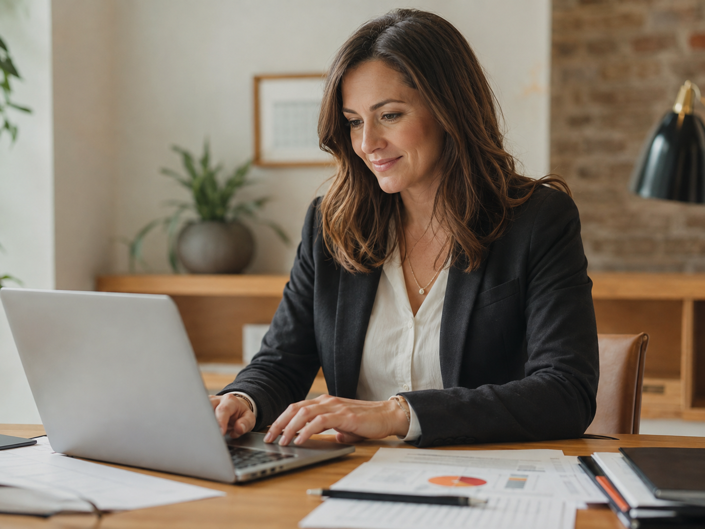 Bookkeeper reviewing financial reports at her laptop